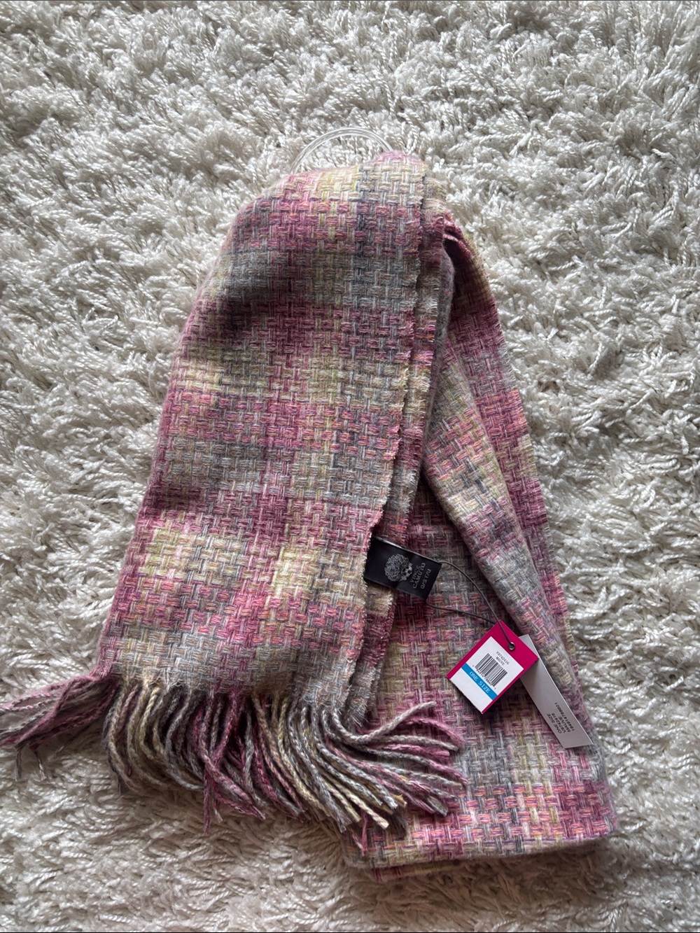Vince Camuto Pink Plaid Fringe Scarf